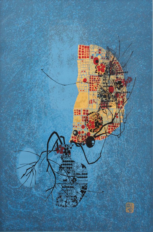 LARGE LEBADANG LITHOGRAPH: LEBADANG, (Vietnamese, 20th Century): Abstract Composition in Blue, Lithograph, sight size 46 1/2" x 31", pencil signed and numbered 97/275, ebonized faux bamboo frame with no glass, 49 1/2" x 34".