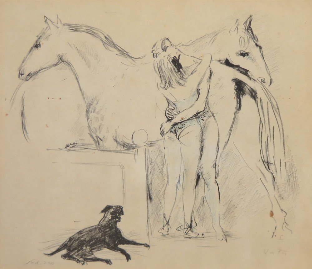 MARCEL VERTES LITHOGRAPH CIRQUE #14: VERTES, Marcel, (French, 1895-1961): "Cirque #14", Lithograph, pencil? signed lower right, from an edition of 260, sight size 16" x 19", matted and framed behind glass, 23.5" x 27.75" overall.