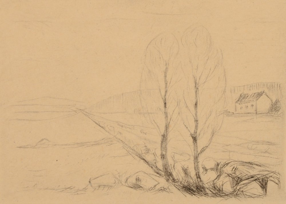 EDVARD MUNCH BOOKPLATE ETCHNG "LANDSCHAFT": MUNCH, Edvard, (Nowegian, 1863-1944): "Landschaft", etching, 4 1/8" x 5 7/8"", unframed bookplate with original tissue paper, 7 1/8" x 9 1/8" with margins.