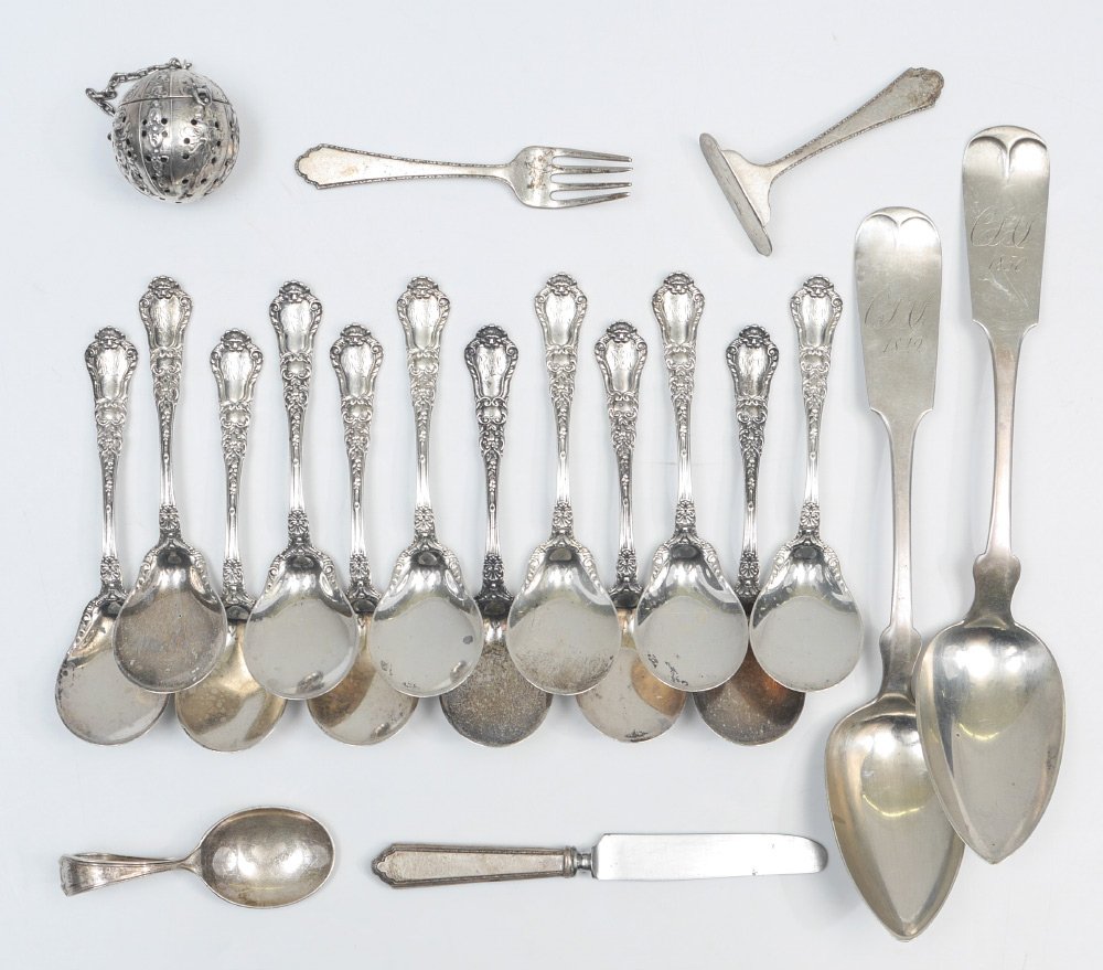 12 GORHAM STERLING BOUILLON SPOONS & MORE: 12 GORHAM STERLING BOUILLON SPOONS & MORE: 12 bouillon spoons in the Old Baronial pattern by Gorham, 5" long, monogrammed. Sold with 3 piece Lunt treasure infant set (fork, knife, pusher), Webster bab