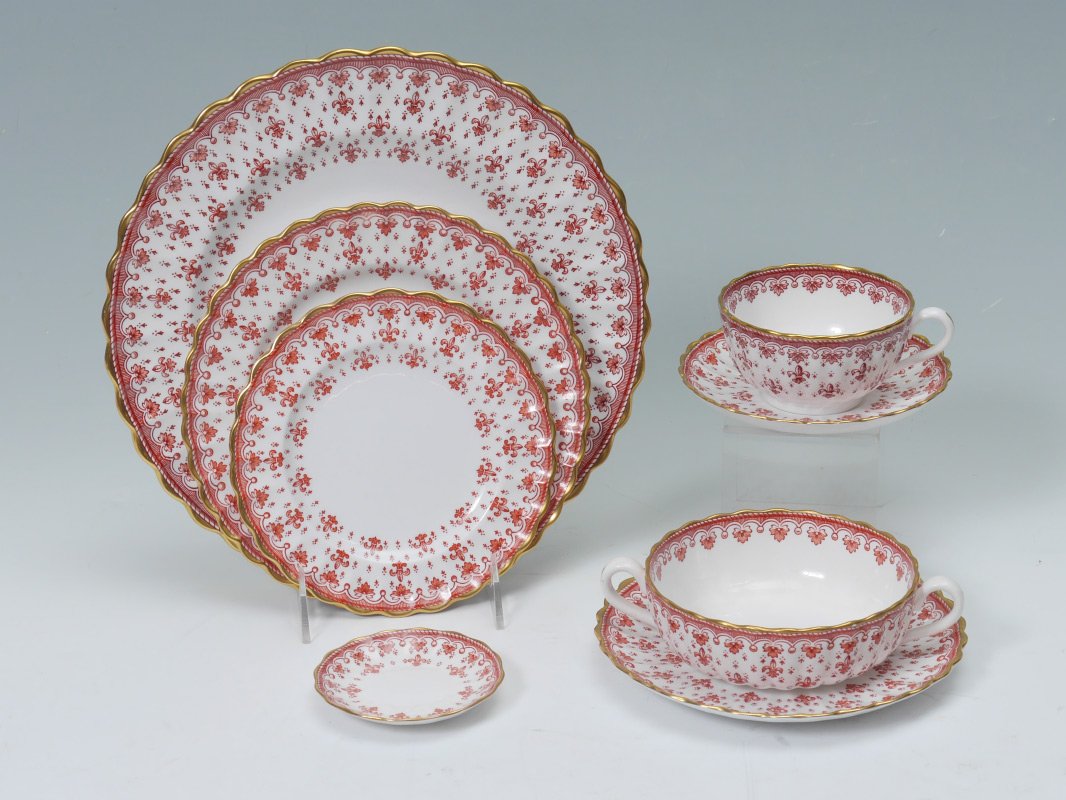 SPODE FLEUR DE LYS CHINA 67 PC: SPODE FLEUR DE LYS FINE CHINA: Approx. 67 pieces to include 12 dinner plates (10"), 8 salad plates, 12 cups and 12 saucers, 4 cream soups with 4 underplates, and 4 butter pats.