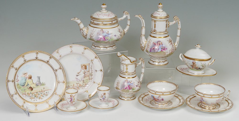 OLD PARIS PORCELAIN COFFEE & DESSERT SET: OLD PARIS PORCELAIN COFFEE & BREAKFAST / DESSERT SET: 12 pieces total, no visible markings, to include coffee pot with lid (8 3/4" h. x 6 1/4"), teapot with lid (6 1/4" x 8 1/2"), 2 plates (8 1/4"), o