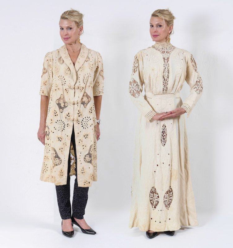EDWARDIAN DAY DRESS AND COAT: EDWARDIAN DAY DRESS AND COAT: Long floor length linen dress and knee length coat. The dress has a high neckline and cut work, satin stitching and fine crochet work throughout, 16 mother of pearl butto
