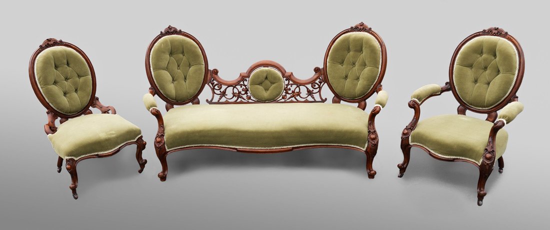 3 PIECE CARVED VICTORIAN PARLOR SUITE: 3 PIECE CARVED VICTORIAN PARLOR SUITE: 3 pieces total to include 1) Double medallion back settee with small center medallion and intricate carved, shaped and open work back, carved and shaped arms and