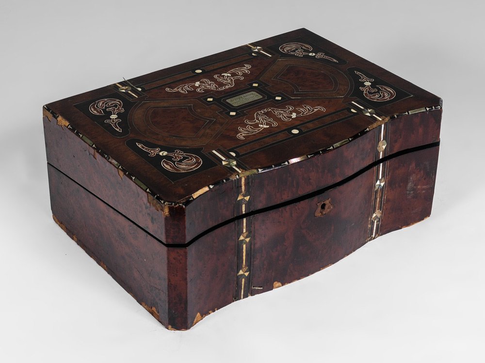 VICTORIAN INLAID PRESENTATION LAP DESK: VICTORIAN INLAID PRESENTATION LAP DESK: Top and banded front inlaid with an assortment of woods, abalone and bone. Top with center presentation "Presented to Joseph Green by the employees of Messrs P.