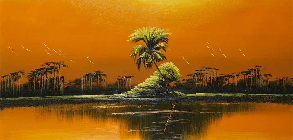 JAMES GIBSON FLORIDA HIGHWAYMEN PAINTING: GIBSON, James, (American, 20th Century): Florida Highwaymen fire orange Everglades scene with stand of trees, Oil/Upson, signed middle right, 24'' x 48'', molding frame 26 1/4'' x 50''.