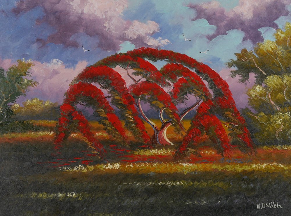 WILLIE DANIEL FLORIDA HIGHWAYMEN PAINTING: DANIELS, Willie, (American, 20th Century): Florida Highwaymen Poinciana with storms clouds, Oil/Canvasboard, signed lower right, 18'' x 24'', molding frame 21 1/2'' x 27 1/2''.