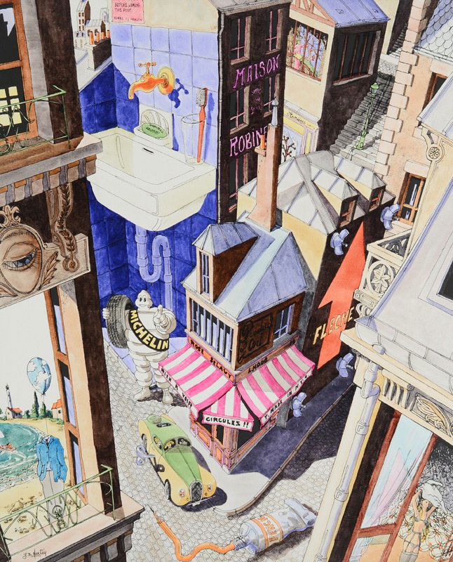 YVES ASKET SURREAL PAINTING CHEF'S SALAD: YVES ASKET SURREAL PAINTING CHEF'S SALAD: Pen/Ink/Watercolor and Oil, 24" x 20", signed lower right, framed, 25" x 21".