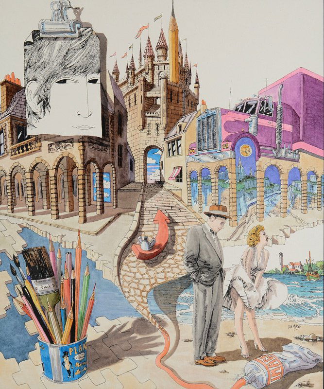 YVES ASKET SURREAL PAINTING TRIBUTE TO LENNON: YVES ASKET SURREAL PAINTING TRIBUTE TO LENNON: Pen/Ink/Watercolor and Oil, 24" x 20", signed lower right, framed, 25" x 21".