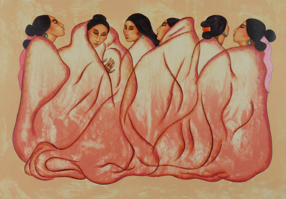 LARGE R.C. GORMAN LITHOGRAPH 6 INDIAN LADIES: GORMAN, R. C., (American, 1932-2005): 6 Indian Ladies, Lithograph, 32" x 44", signed dated 1996, numbered lower right 32/100, framed 37 3/4" x 51".
