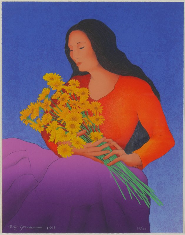 R.C. GORMAN LITHOGRAPH 1993 MEXICAN MARIGOLDS: GORMAN, R. C., (American, 1932-2005): "Mexican, Marigolds", Indian woman with flowers, Lithograph, 25" x 19 1/2", signed lower left and dated 1993, 35/225, framed, 28 1/2" x 23".