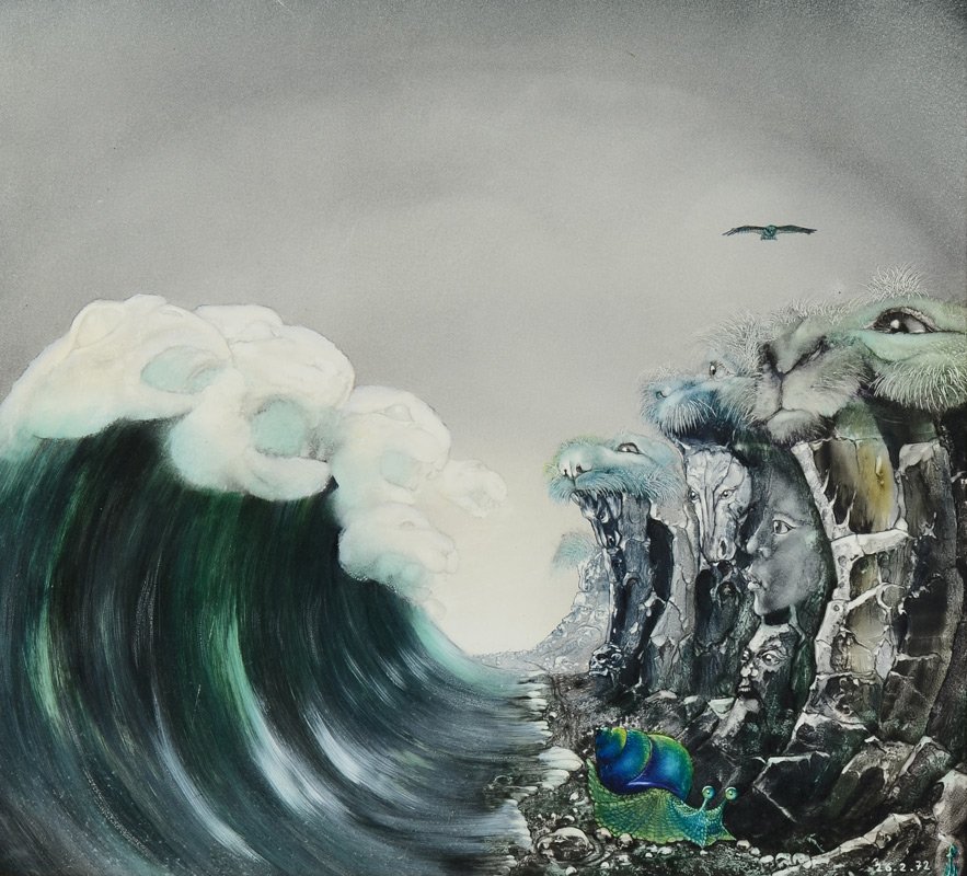 FRED WEIDEMANN SURREAL PAINTING: WEIDEMANN, Fred, (American, 20th C.): Surreal Coastal Scene, breaking waves are heads of panthers, while the shoreline cliffs are sea lion and human faces, Oil/Board(glass?), 18" x 20", monogrammed lo
