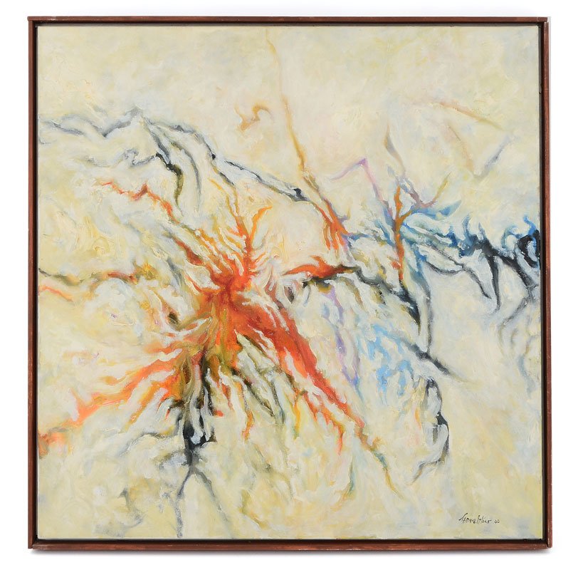 FRANK CARMELITANO ABSTRACT PAINTING "RED SPLASH": CARMELITANO, Frank, (Spanish-American, 1935-2003): "Red Splash", Oil/Canvas, 24" x 24", signed lower right, dated 2000, titled and dated verso, framed, 25" x 25".
