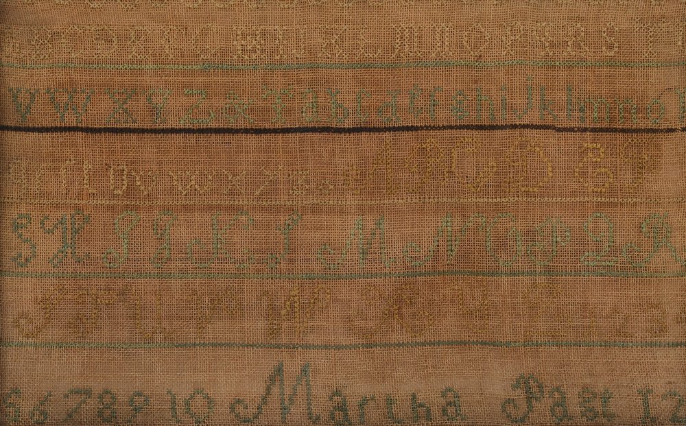 HAND SEWN SAMPLER 1832: HAND SEWN SAMPLER 1832: Worked by Martha Page 12. Repeating alphabet and numerals. Hand written note on back states "By Martha Mal*** Page Born 1820". Framed under glass, measures 9 1/2" x 13 7/8".
