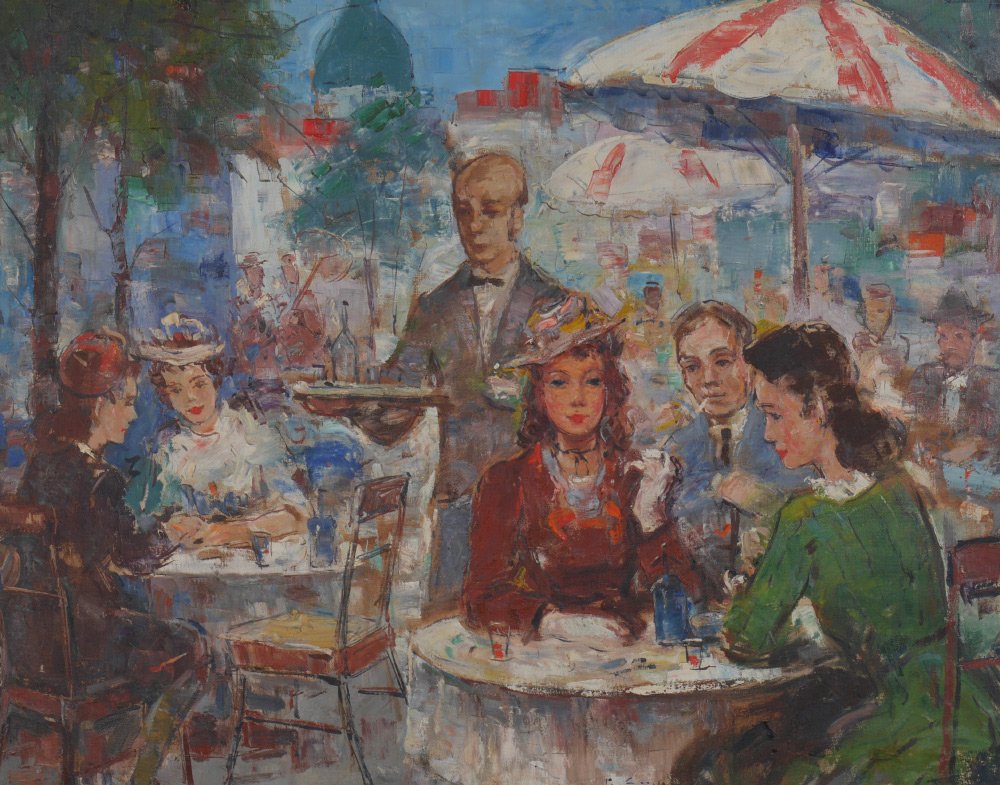 ARISZTID SZENDY SIGNED FRENCH CAFE PAINTING: SZENDY, Arisztid, (Hungarian, 1903-1972): Cafe Scene, Oil/Canvas, Illustrator Quality, 24" x 30", signed lower margin, framed, 31" x 36 1/2".