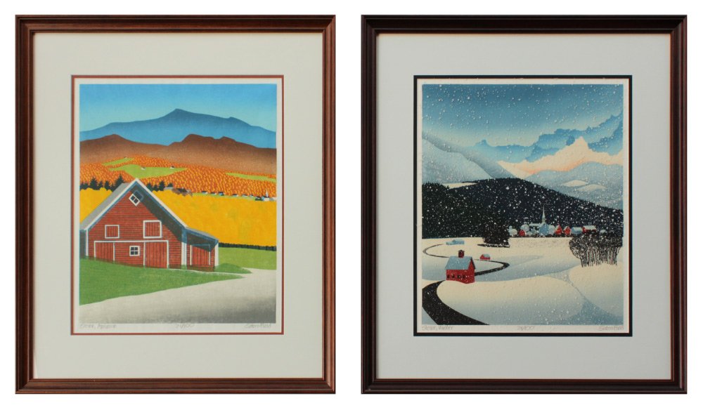 2 SABRA FIELD WOODBLOCK PRINTS STOWE: FIELD, Sbra, (American, 1935-): 2 Woodblock prints; 1) Stowe, Autumn, sight size 16 1/2" x 14", pencil signed lower right, titled and numbered 24/100, framed, 24 1/2" x 22"; 2) Stowe, Winter, sight si