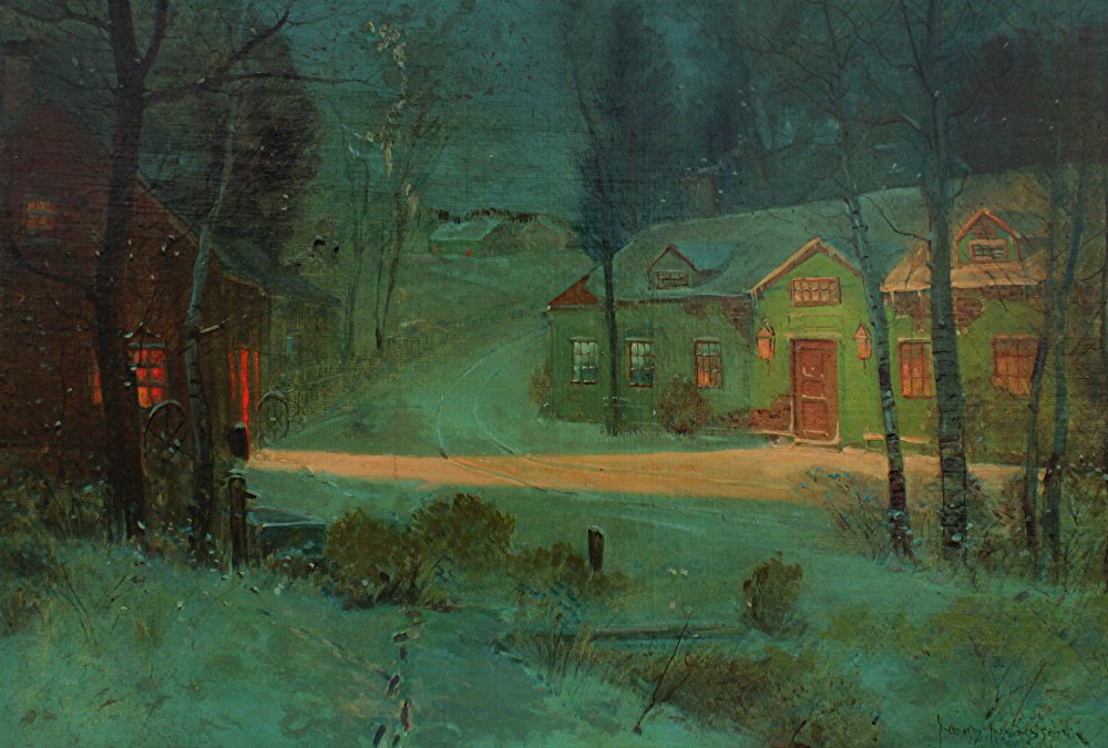SVEND SVENDSEN PAINTING: SVENDSEN, Svend, (American, 1864-1945): Snowy Nocturnal Village Scene, Oil/Canvas/Board, 22'' x 32'', signed lower right, fine carved and gilded frame, 26 1/2'' x 36 1/2''.