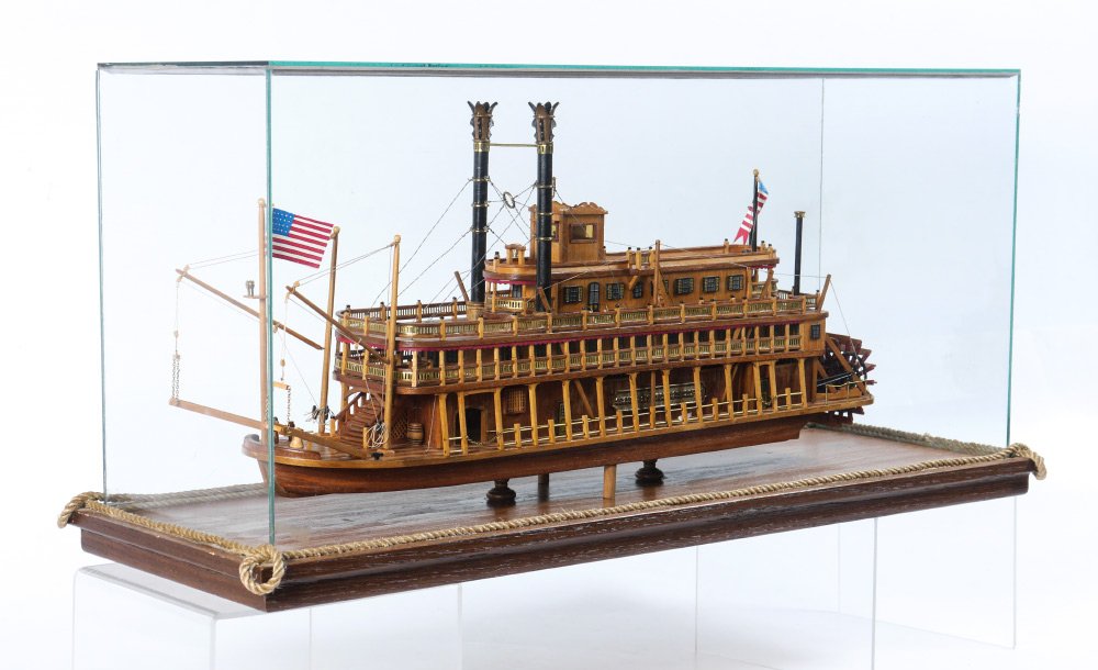 PAUL TOPKIN HANDCRAFTED PADDLEWHEEL SHIPS MODEL: PAUL TOPKIN HANDCRAFTED PADDLEWHEEL SHIPS MODEL: Hand crafted by local artist Paul Topkin, model of the Steamboat King of the Mississippi. Nicely detailed with a variety of woods, model measures 12''