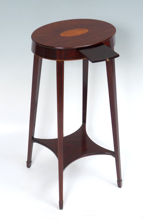 KINDEL FURNITURE MASSACHUSETTS KETTLE STAND: KINDEL FURNITURE MAHOGANY MASSACHUSETTS KETTLE STAND: Kindel Furniture Winterthur Collection, catalog number 83-816. The piece features hand inlays to top, string inlaid tapered splayed legs ending in