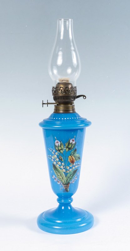 BLUE OPALINE BRISTOL GLASS OIL LAMP: BLUE OPALINE BRISTOL GLASS OIL LAMP: Glass font and base, enameled decoration. Double thumb wheel marked British Made. Fully functional as an oil lamp. Overall 22 1/2" with chimney, lamp alone measure