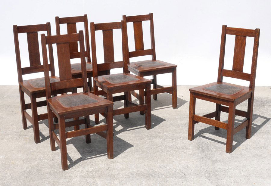 SIGNED CHARLES LIMBERT MISSION OAK 6 CHAIRS: SIGNED CHARLES LIMBERT MISSION OAK 6 CHAIRS: Arts & Crafts era, applied leather to seats. Marked under seats, overall measures 37" x 17" x 17".