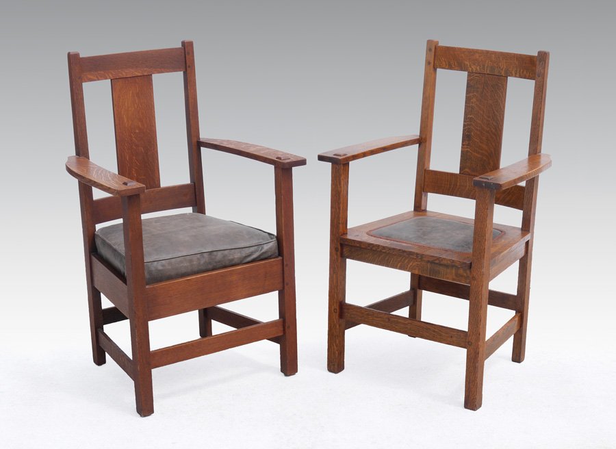 PAIR OF LIMBERT ARTS CRAFTS ARMCHAIRS: PAIR OF SIGNED LIMBERT ARTS & CRAFTS MISSION OAK ARMCHAIRS: One with applied leather seat, the other with leather cushion. Each measures 38 3/4" h. x 24 1/2" x 19".