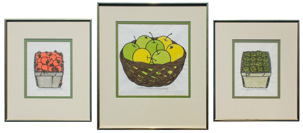 3 PC JACQUES HNIZDOVSKY WOODBLOCK LOT: HNIZDOVSKY, Jacques, (American, 1915-1985): 1) "Apples in a Basket", sight size 10" x 10", framed, 18 1/2" x 16 1/2",signed, titled, dated 1971 and numbered 41/150; 2) "Brussel Sprouts", sight size 7