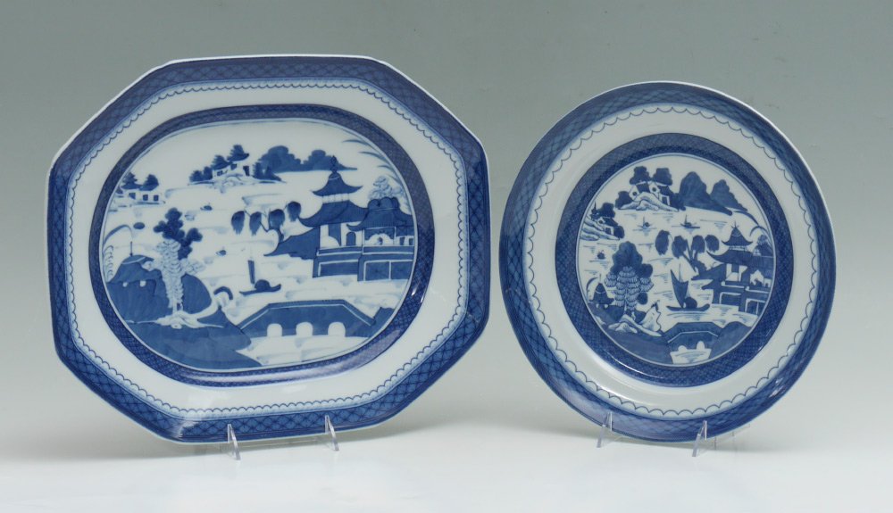 MOTTAHEDEH CANTON HISTORICAL CHARLESTON PLATTER: 2 PIECE MOTTAHEDEH BLUE CANTON CHINA: Historical Charleston Reproduction Collection. Platter 16" 3/4", and chop plate 13".