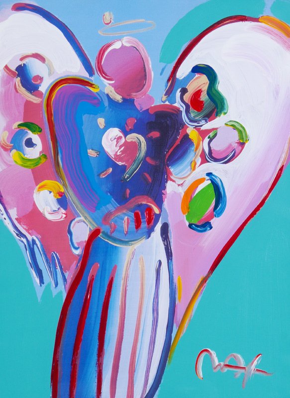 PETER MAX ANGEL WITH HEART MIXED MEDIA: MAX, Peter, (American, 1937-): "Angel with a Heart", Mixed Media, Sight size 24" x 17", signed lower right, framed, 39" x 32", Veendam Holland label verso.