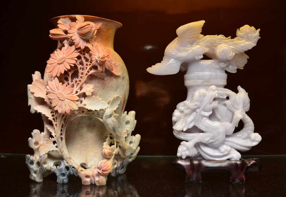 CHINESE CARVED SOAPSTONE VASE AND CENSER WITH BIRD: CHINESE CARVED SOAPSTONE VASE AND CENSER WITH BIRDS: 2 pieces total to include 1) Floral motif with bird soapstone vase, 8 1/2" h. x 6 1/4" x 3 1/2". 2) Lavender carved stone censer with figural bird 
