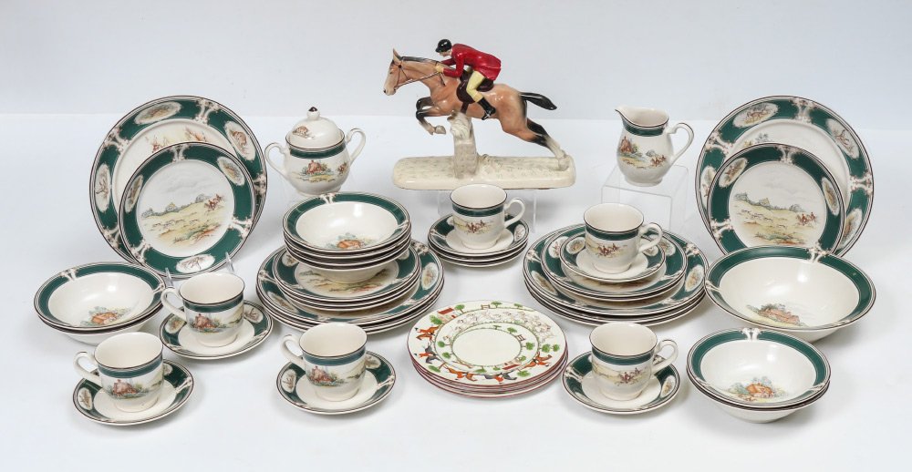 NORITAKE PURSUIT DINNERWARE & FIGURE: NORITAKE PURSUIT DINNERWARE & FIGURE: Approx. 43 piece total, 38 in the Pursuit pattern by Keltcraft Designed by Noritake to include 8 dinner plates (10 1/2"), 7 salad plates (8 1/4"), 6 bowls (7"), s