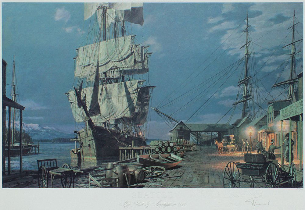 JOHN STOBART LITHOGRAPH SEATTLE MILL STREET: STOBART, John, (American, 1929-): "Seattle, Mill Street by Moonlight", Lithograph, sight size 19" x 27 1/2", pencil signed lower right and numbered 315/500, custom frame and matting, 28 1/2" x 37 1/2"