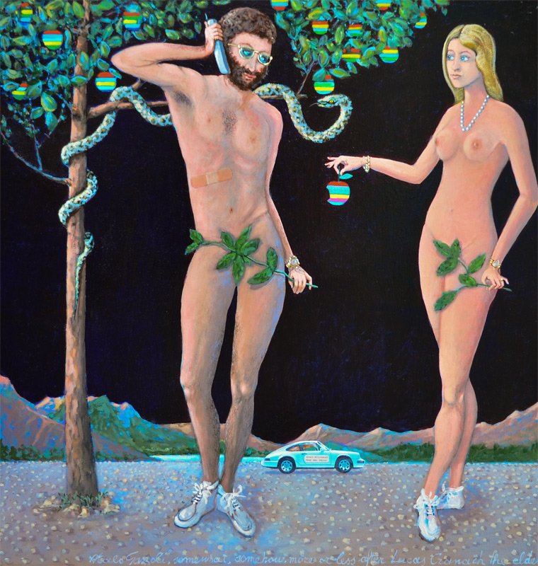 ITALO GAZZOLI POP ART ADAM AND EVE PAINTING: GAZZOLI, Italo, (American, 20th C.): Adam & Eve, Acrylic/Canvas, 35" x 35", signed, notations in the bottom margin "Paradisus Electronicus Terrestris Anno MM", "Somewhat, somehow, more or less after L
