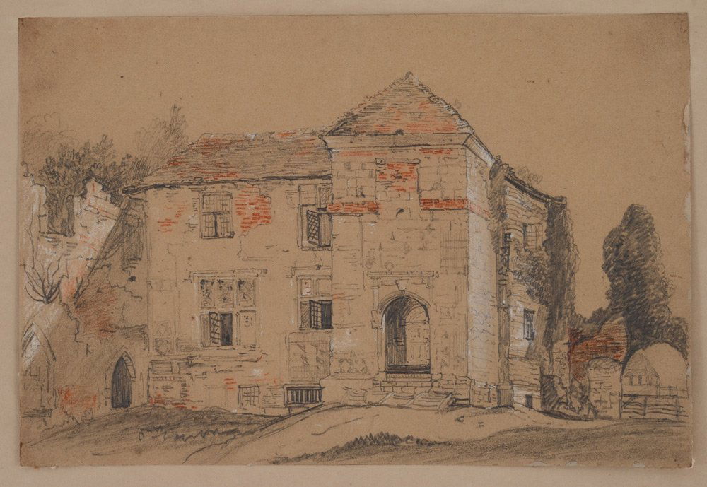 DRAWING ATTRIBUTED TO J.M.W. TURNER: DRAWING ATTRIBUTED TO J.M.W. TURNER FROM THE ESTATE OF JOHN ANDERSON JR. OF ANDERSON GALLERIES IN NEW YORK: Stone building, drawing with sanguine, heightened with white, 6 3/4" x 9 3/4", affixed to ba