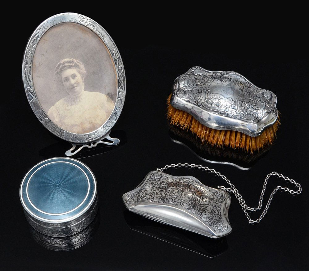 COLLECTION OF SILVER OBJETS DE VERTU: COLLECTION OF SILVER OBJETS DE VERTU: 4 pieces total to include 1) Unger Brothers sterling easel back picture frame, 6" x 4 1/4". 2) William B. Kerr engraved sterling purse, monogrammed, 2 1/2" x 4 1/