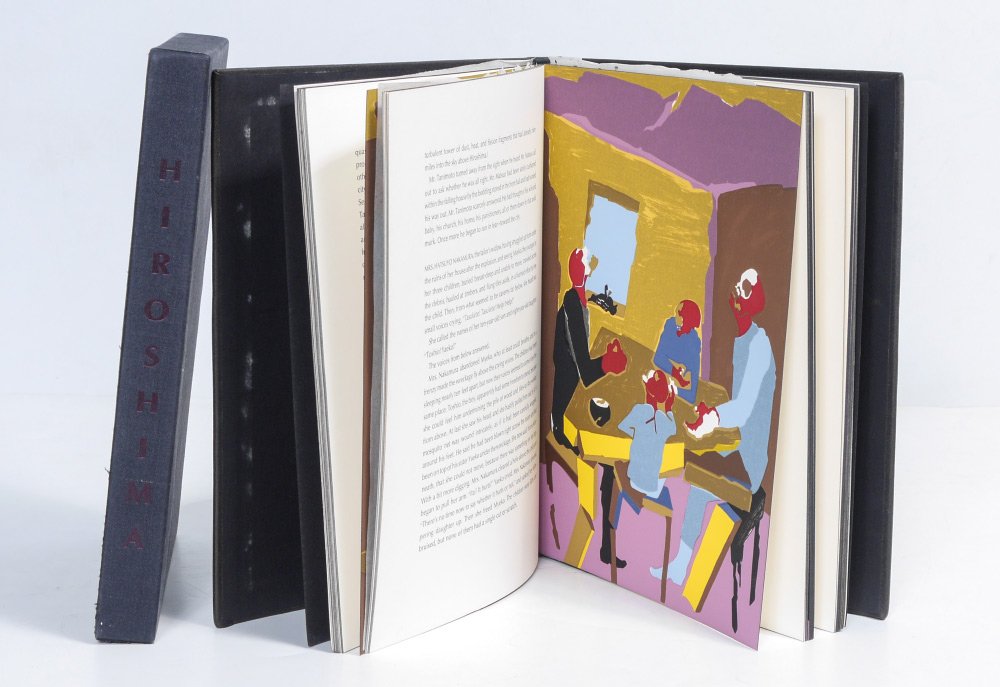 JOHN HERSEY JACOB LAWRENCE HIROSHIMA BOOK: LAWRENCE, Jacob, (American, 1917-2000): 8 silkscreens in the book ''Hiroshima'' by John Hersey with original poem by Robert Penn Warren, published 1983 by The Limited Editions Club, signed by Lawrence