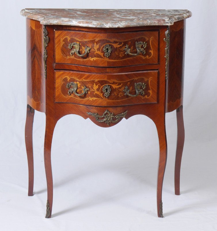 MARBLE TOP MARQUETRY NIGHTSTAND: MARBLE TOP MARQUETRY NIGHTSTAND: Serpentine shaped variegated marble top over 2 drawers with foliate scroll fruitwood inlay, applied ormolu handles and decoration. Shaped legs. Overall measures 33 1/2