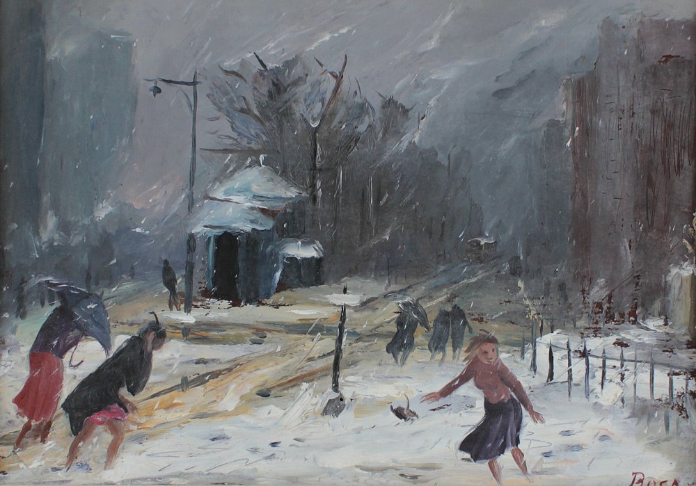 LOUIS BOSA STORMY WINTER STREET PAINTING: BOSA, Louis, (American, 1905-1981): Figures in a Windy Winter Urban Street Scene, Oil/Masonite, 8" x 12", signed lower right, numbered verso, 93.47.6, contemporary frame, 12 1/2" x 16 1/2".