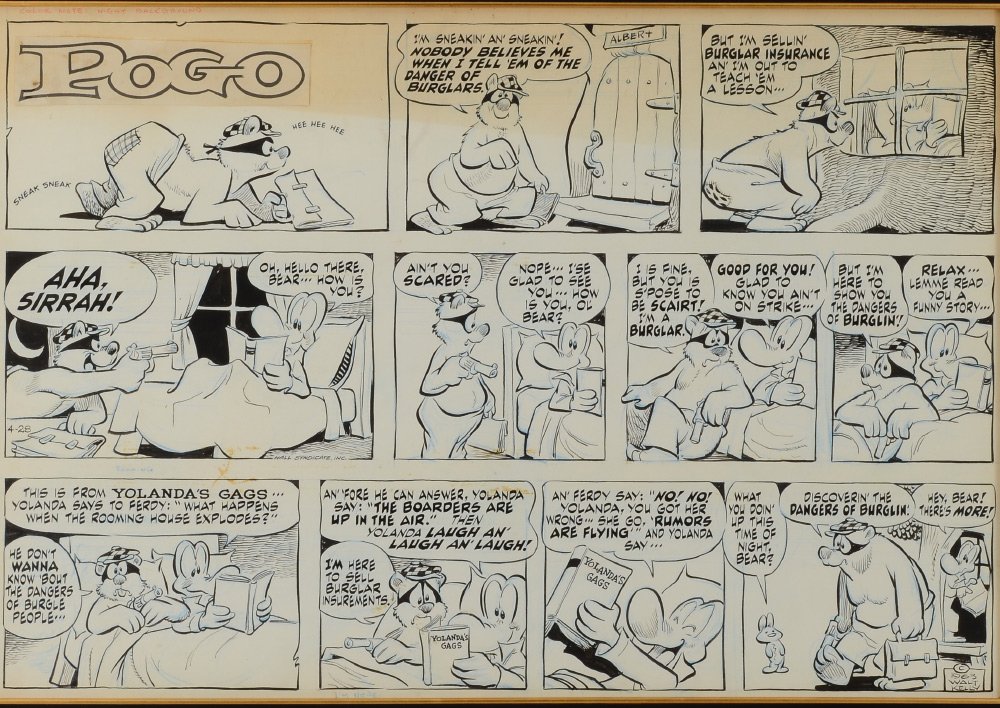 WALT KELLY POGO ORIGINAL SUNDAY STRIP 4-28-63: KELLY, Walt, (American, 1913-1973): Original Sunday cartoon strip pen & ink art for 4-28-1963. Depicts Barnstable Bear sneaking into Albert Alligators house and trying to sell burglary insurance to no