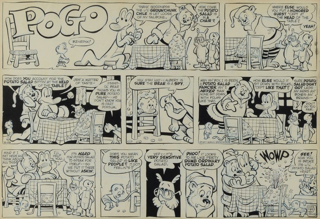 WALT KELLY POGO ORIGINAL SUNDAY STRIP 11-29-53: KELLY, Walt, (American, 1913-1973): Original Sunday cartoon strip pen & ink art for 11-29-53. Depicts a dinner scene with multiple characters including Pogo hiding in a pile of potato salad on a chair