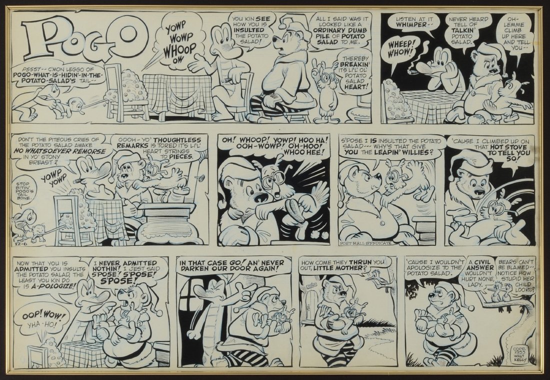 WALT KELLY POGO ORIGINAL SUNDAY STRIP 12-6-53: KELLY, Walt, (American, 1913-1973): Original Sunday cartoon strip pen & ink art for 12-6-53. A continuation of the previous lot with Pogo still hiding in the potato salad, Barnstable Bear being ejecte