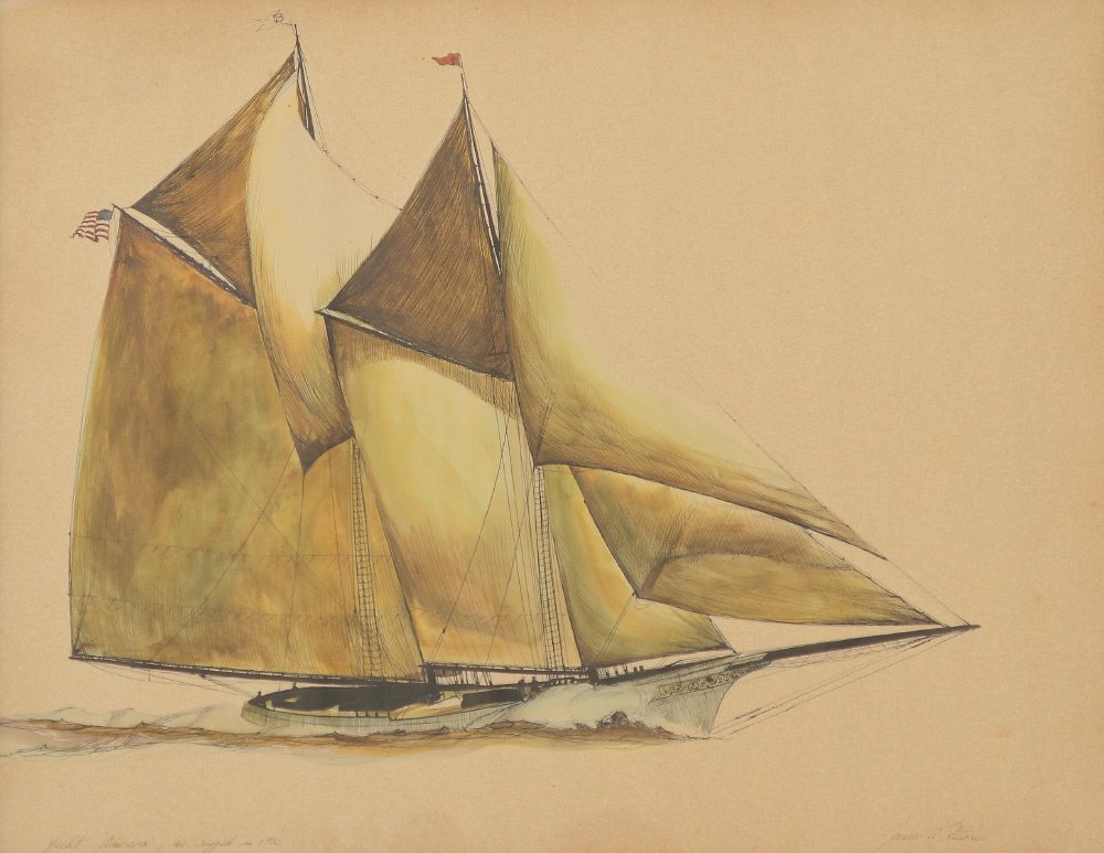 JAMES MITCHELL III AMERICA YACHT ARTWORK: MITCHELL, James, (American, 1932-): "The America", Yachting Scene, Pen/Ink with Watercolor, sight size 21 1/2" x 27 1/2", signed lower right, titled lower left, "The America", as it was rigged in 1900