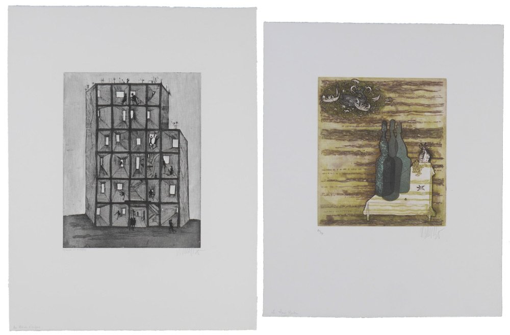 BO LARS ETCHING AND LITHOGRAPH: BO, Lars, (Danish, 1924-1999): 2 pieces total to include 1) "La Marie Montre", Etching, 82/90, signed and titled in pencil, image size 11" x 9 1/2", paper size 22" x 18". 2) "La Maison d'en Face", Lit