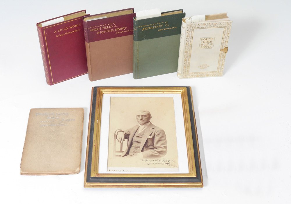 5 SIGNED JAMES WHITCOMB RILEY BOOKS & PHOTO: RILEY, James Whitcomb, (American 1849-1916): Collection of 5 signed books to include 1) "The Flying Islands of the Night", 1892, Bowen-Merrill Company, First Edition, first printing, 88 pages, embosse