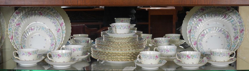 37 piece MINTON PRINTEMPS FINE CHINA: MINTON PRINTEMPS FINE CHINA: 37 pieces to include 8 dinner plates (10 3/4"), 8 luncheon plates (9"), 7 bread plates, 7 cups and 7 saucers.