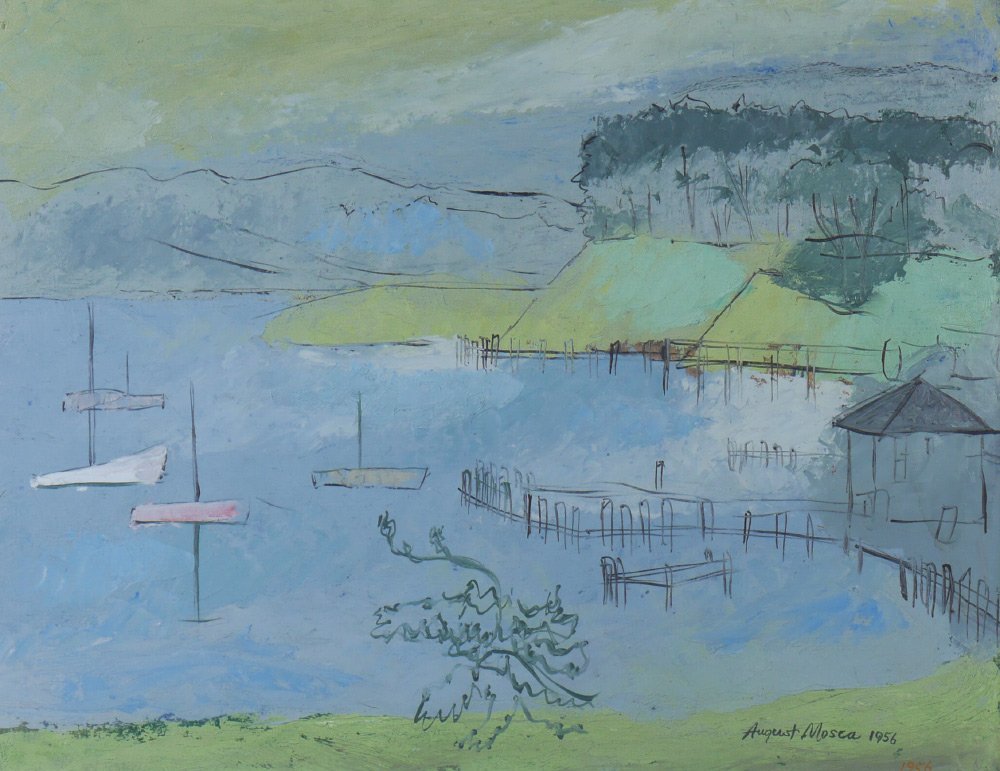 AUGUST MOSCA "HARBOR VILLAGE" PAINTING: MOSCA, August, (American, 1909-2002): "Harbor Village", Oil/Masonite, 20" x 26", signed lower right, dated 1956, fine gilded and painted period frame, 27" x 33".