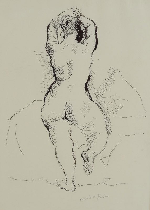 MOSES SOYER FEMALE NUDE DRAWING: SOYER, Moses, (American, 1899-1975): Standing Female Nude, sight size 17 1/2" x 11 1/2", signed lower right, Fletcher/Copenhaver Fine Art Label affixed verso, framed, 26 1/2" x 20".