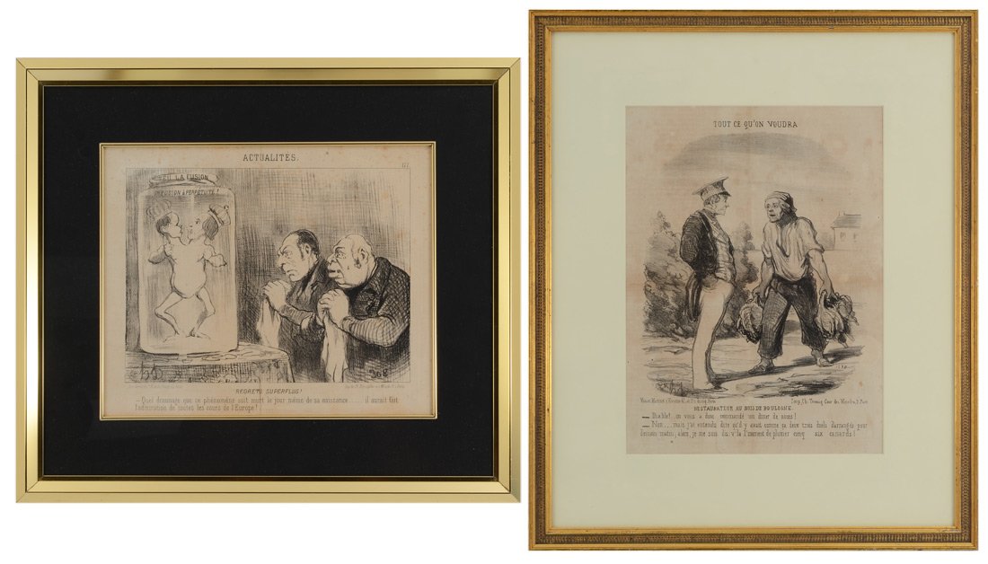 TWO PIECE HONORE DAUMIER LITHOGRAPH LOT: DAUMIER, Honore, (French, 1808-1879): 2 piece Lithograph lot to include 1) "Tout ce ou'on voudre", 12 1/2" x 9 1/4", framed, 19 1/2" x 16", 2) From Actualites "Regrets Superflus", sight size 9 1/2" x