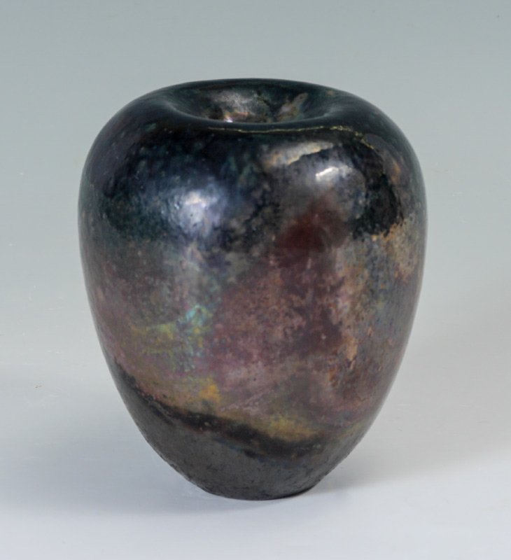 MICHAEL MICK POTTERY VESSEL: MICK, Michael, (American, 20th Century): Pottery vessel / vase with iridescent metallic glazes, signed Mick on base. Overall measures 6" h. x 5 1/4".