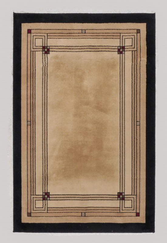 FRANK LLOYD WRIGHT CARPET 5' 3" x 7' 7": FRANK LLOYD WRIGHT CARPET 5' 3" x 7' 7": Contemporary machine made rug with earth tones and geometric designs with black border, Frank Lloyd Wright inspired design.